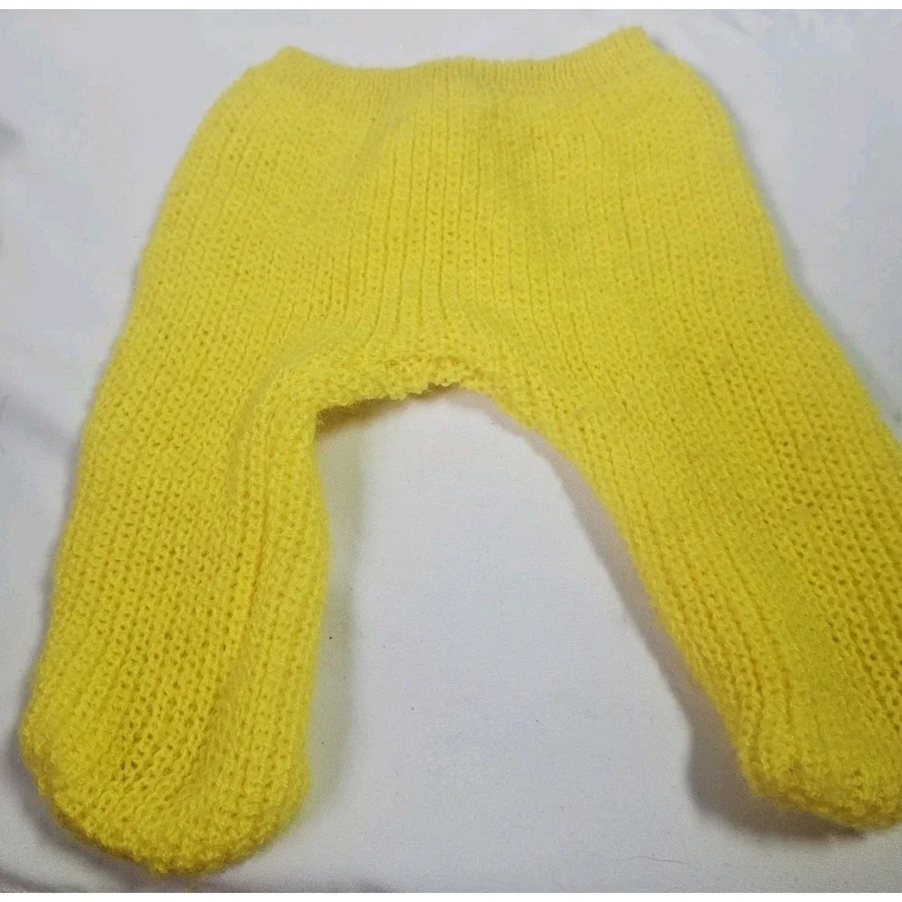 Vintage Hand Knit Doll Outfit Hat Sweater Footed Pants Baby Doll Pink Yellow Pom